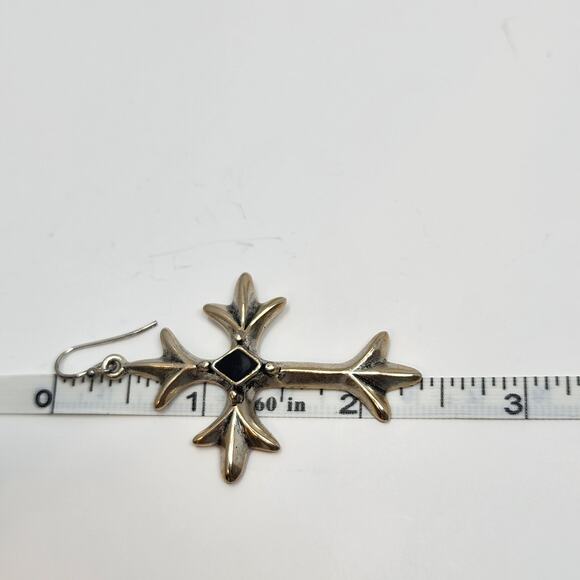 Cross Silver Tone Black Enamel Large Dangle Drop Hook Earrings Religious Jewelry - Picture 4 of 4